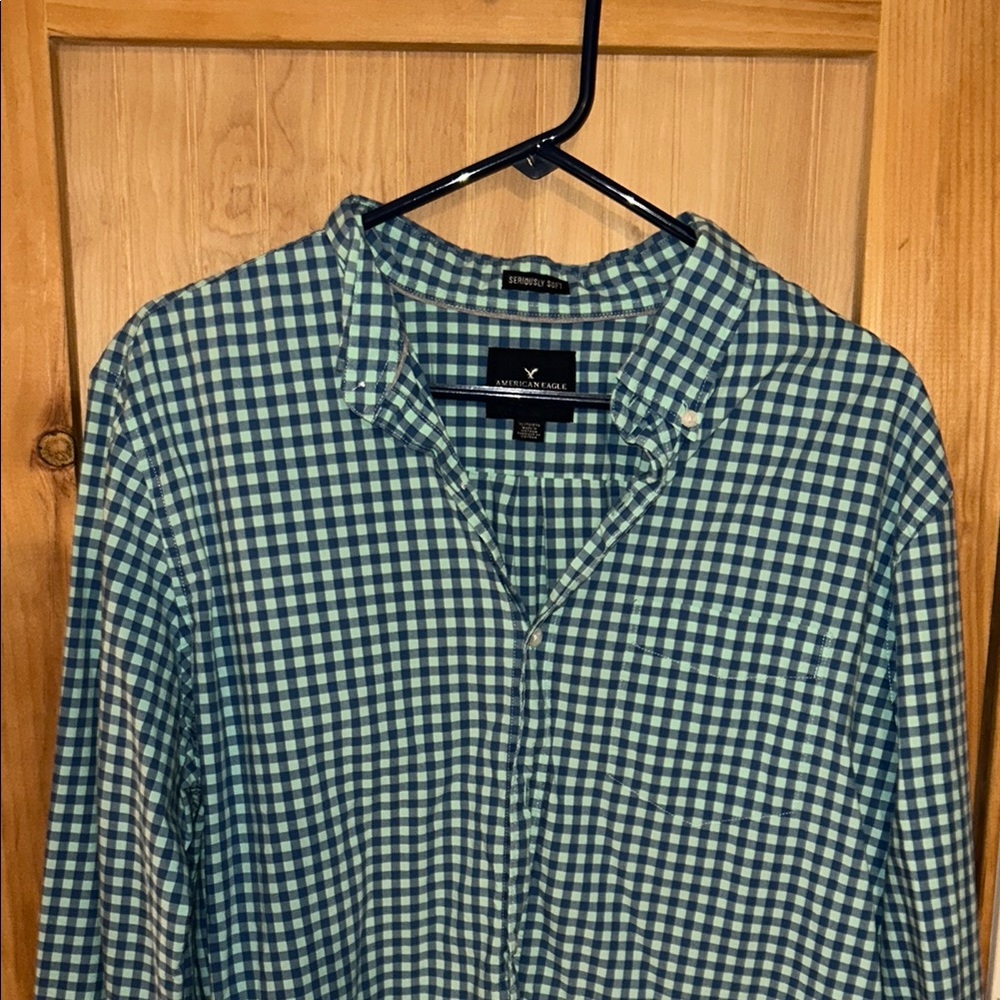 American Eagle Green and Blue Checkered Button-Up Shirt